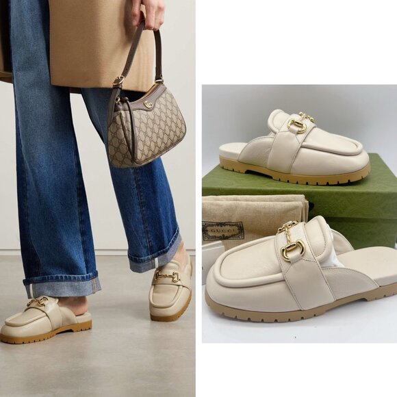 GUCCI Airel Leather Horsebit Loafer Mules Slide Ivory White EU 39.5 US 9.5 - Picture 1 of 16